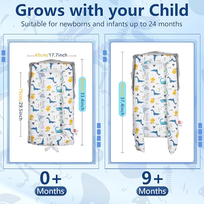 Baby Lounger for Newborn to Toddler 0-24 Months - Portable Infant Lounger with Breathable Cotton, Adjustable Size & Lengthen Space Travel Strap for Home, Outdoor (2. Dinosaur)