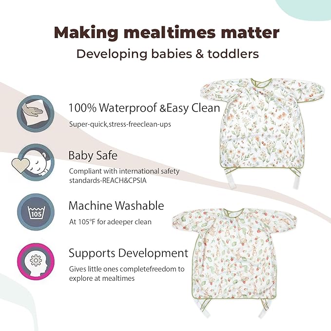 Long Sleeve Baby Bib-Mess Proof Baby Feeding Bibs with Adjustable Design for Babies during Eating or Highchair