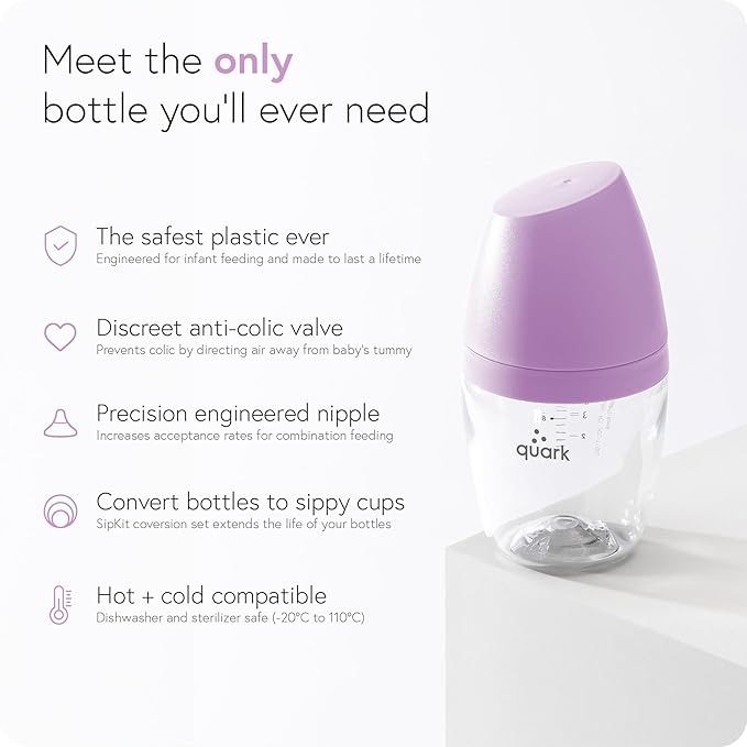 BuubiBottle Hybrid Bottle Feeding Bundle by Quark - Baby Bottle Set with Baby Bottles for Breastfed Babies from Newborn to Toddler - With RealFeel Anti Colic Nipples, Sippy Cup Conversion Kit - Purple