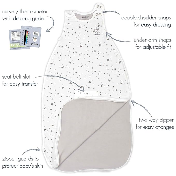 Woolino 4 Season Sleep Sack - Ultimate Merino Wool and Organic Cotton Sleeping Bag - Two-Way Zipper Adjustable Universal Size Sleep Sack for Baby (2-24 Months) - Sheep