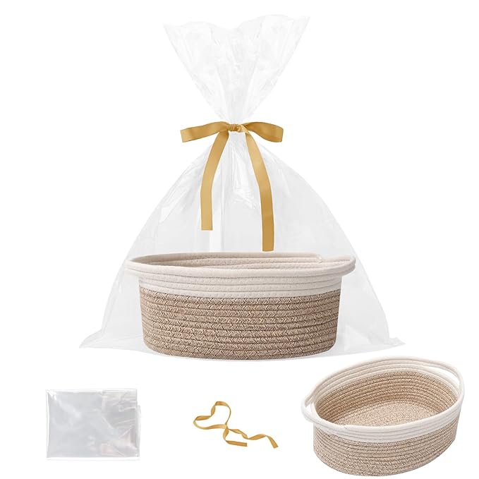 Gift Basket with Gift Bag and Ribbons,Small Rope Woven Shelf Storage,Baskets for Gifts Empty,Birthday,Shower,Decorative Organizer Box for Cat Dog Pet with Handles(White&Mixed Brown)