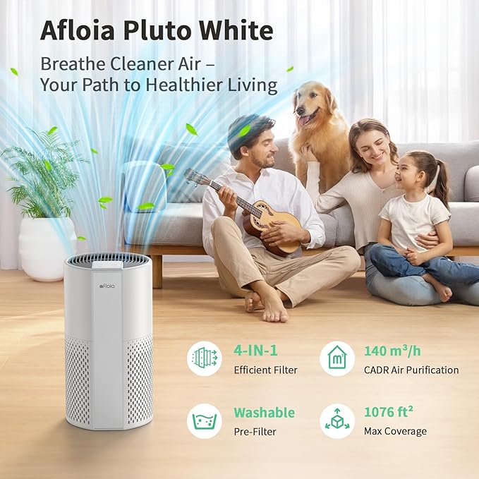 Afloia Air Purifier for Home, 4-in-1 Washable Filter for Allergies, Covers Up to 1076 ft², Quiet Operation, Auto Shut-Off & Night Light, Removes Pet Dander, Pollen, Dust, Mold, and Smoke, White
