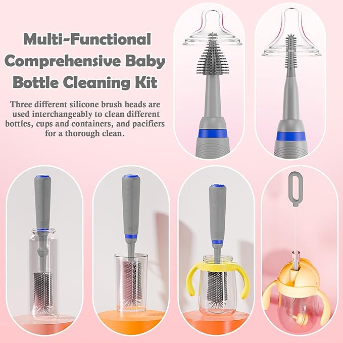 Electric Bottle Brush with Stand and Extendable Handle, Silicone Bottle Brush Set, Easy-Grip Silicone Handle, Waterproof/Rechargeable, Grey