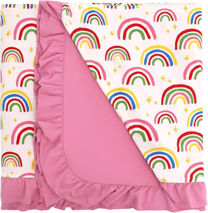 Premium Baby Blanket for Girls, Stretchy Quilt, Soft Crib Bedding for Newborn Baby and Toddler, Ruffle Nursery Blanket for Kids, Viscose Made from Bamboo, 50''x50'' Rainbow