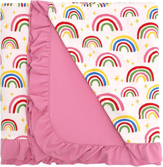 Premium Baby Blanket for Girls, Stretchy Quilt, Soft Crib Bedding for Newborn Baby and Toddler, Ruffle Nursery Blanket for Kids, Viscose Made from Bamboo, 50''x50'' Rainbow