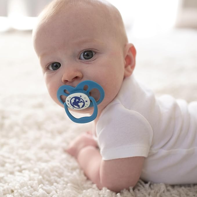 Dr. Brown's Advantage Glow-in-The-Dark Baby Pacifier, Fully Symmetrical Soother with Soft Silicone Bulb, Skateboard Snail-Blue Nature, 6-18m, BPA Free, 4 Pack