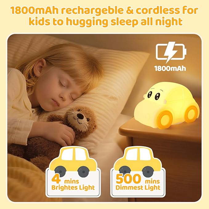 Car Night Light for Kids, Color Changing+Dimmable+1800mAh Rechargeable+Timer+Silicone, Squishy Touch Toddler Night Light, Novelty Nursery Nightlight for Kids Room, Funny Gifts, Boys, Girls, Baby