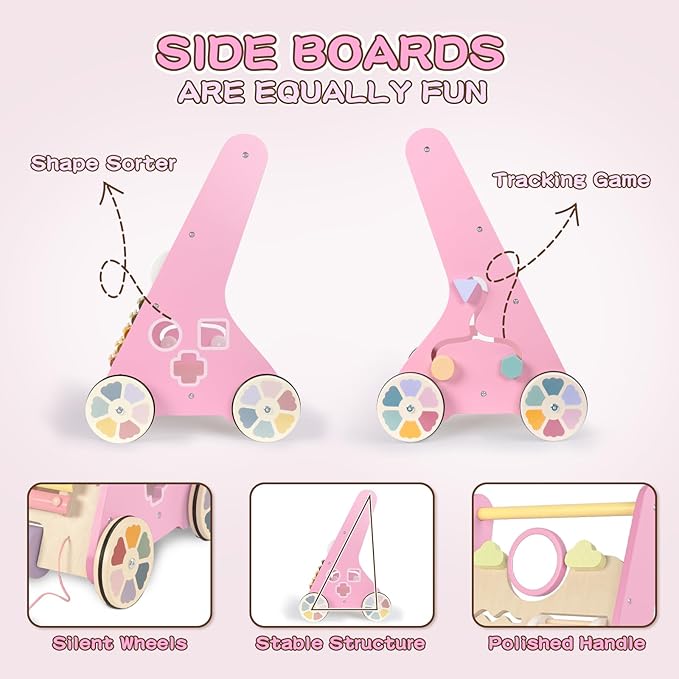 LOL-FUN Wooden Baby Walker With Wheels for Girls 12 Months - Pink Push Toy for 1 Year Old Walking