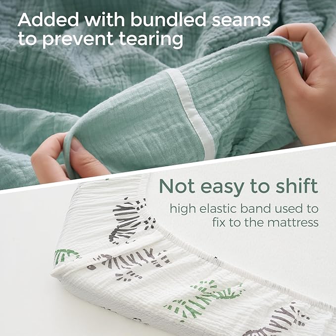Momcozy Best Wishes Muslin Fitted Mini Crib Sheets, 38''x26'', 2 Pack Soft Breathable Natural Cotton Baby Mattress Sheet, 360° Mattress Wrapping Boys Girls Neutral Toddler Bed Sheett, Bravery Zebra