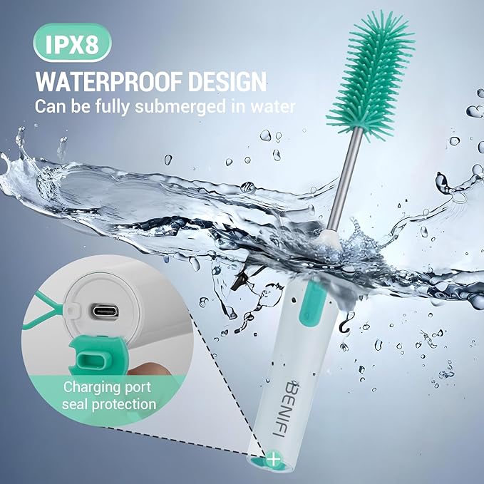 Travelling Electric Bottle Brush Cleaner, Baby Bottle Brush Set, Fully Water -Proof Bottle Brush, Long Handle Brush, BPA Free Silicon Brush Heads, Drying Stand, Milk Mixer, Egg Whisk Included