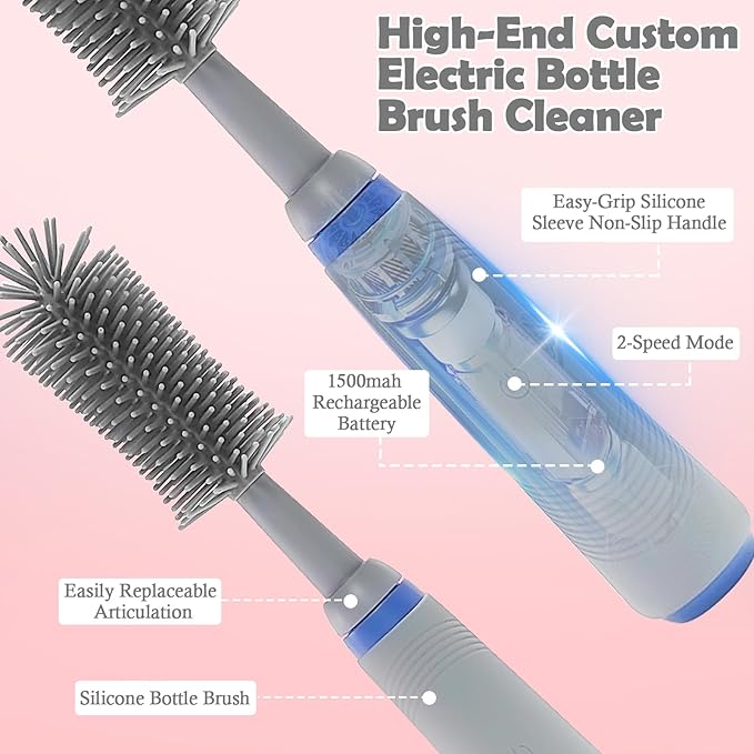 Electric Bottle Brush with Stand and Extendable Handle, Silicone Bottle Brush Set, Easy-Grip Silicone Handle, Waterproof/Rechargeable, Grey