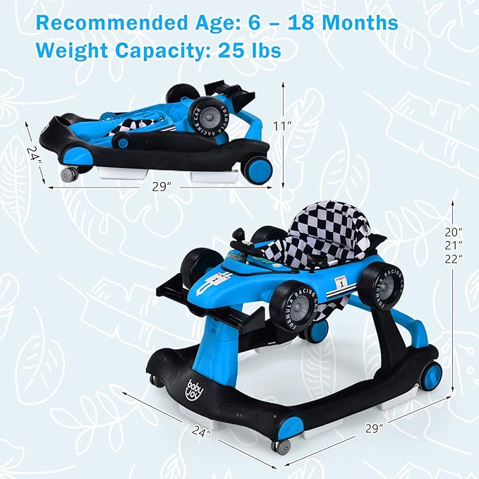 HOMGX Baby Walker with Wheels, Convertible Baby Push Walker & Race Car Mode, Infant Activity Center with Music Box, 3 Heights & 2 Speeds, Foldable Walkers for 6-18 Months (Blue)