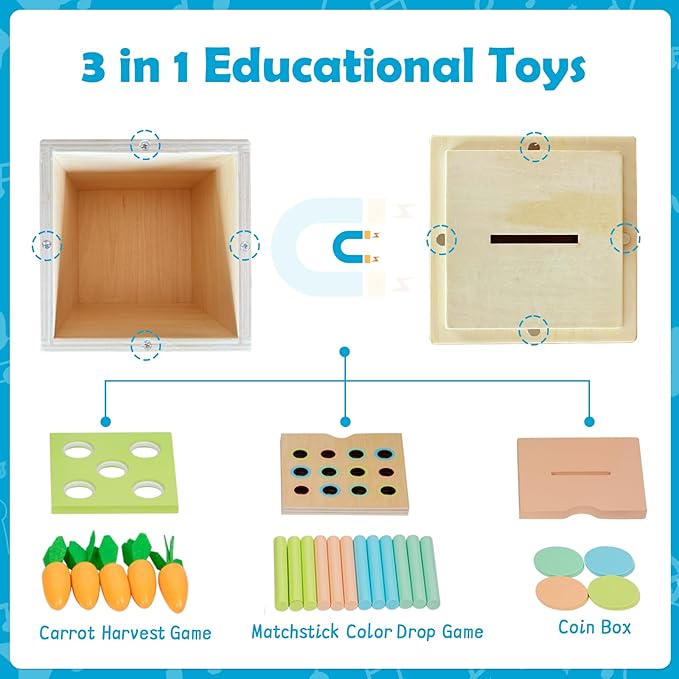 Adena Montessori Play Kit for 13-18 Month Baby,8 in 1 Toy,Colorful Stacking&Nesting Cup,Coin Bank,Coins,Carrots Lid,Carrots,Posting Lid,Flexble Stacker,Bead Kit,Shape Puzzle,Pound&Tap Hammer Bench