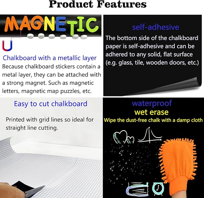 Magnetic Chalkboard Contact Paper 50"x18" Self Adhesive Magnet Wall Board Sticker with 12 Color Liquid Chalk for Kid, Black Chalk Board Wallpaper Roll Alternative to Magnetic Blackboard Paint