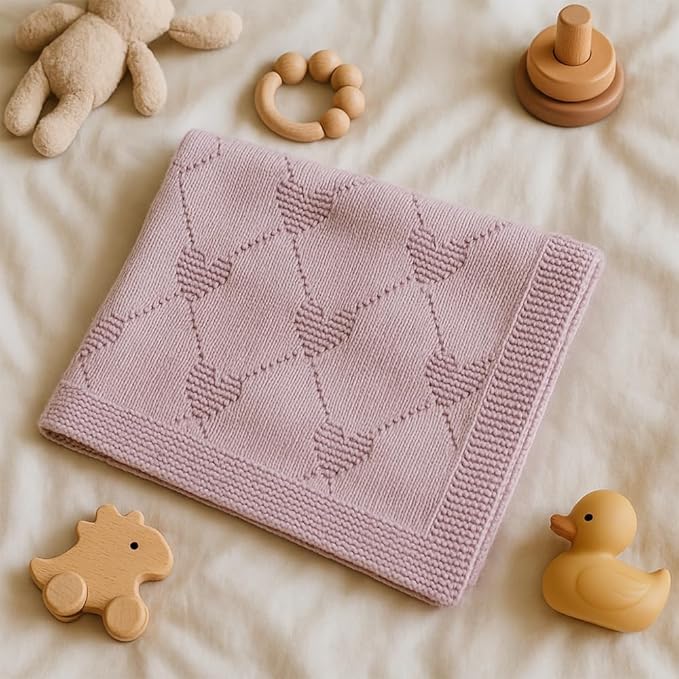 Baby Knit Blanket Heart to Heart Pattern– 100% Cotton Soft Lightweight Receiving Blanket for Newborn Infant Toddler Boy Girl, Cozy Nursery Crib Stroller Cover