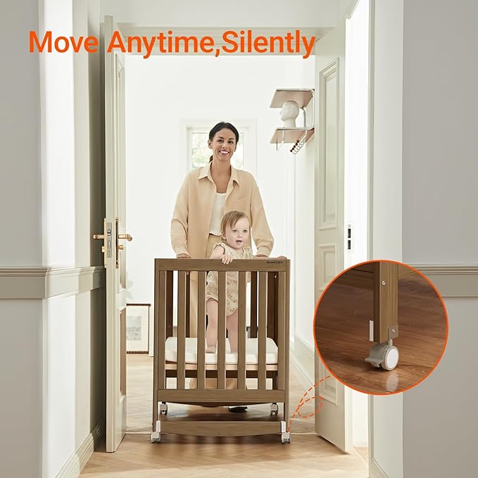 EvoNest Baby Crib, 6 in 1 Convertible Mini Crib with Wheels, 100% New Zealand Wood Growing Bed, 4 Adjustable Mattress Height,Walnut Brown