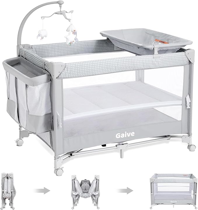 Baby Bassinet Bedside Crib, Pack and Play with Mattress, Diaper Changer, One-Push Setup Playards from Infants to Toddlers (Grey)