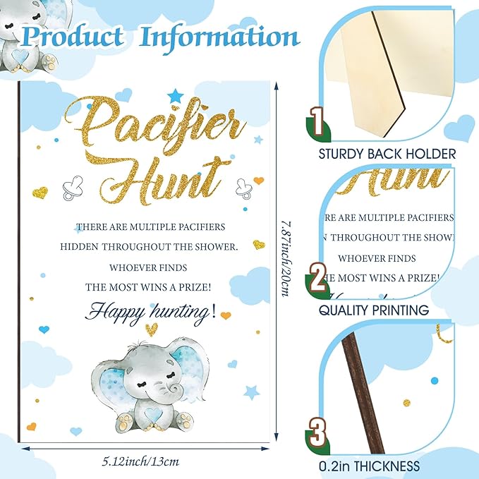 Thyle 51 Pcs Pacifier Hunt Baby Shower Games Include Hunt Sign and 50 Acrylic Pacifiers for Baby Shower Game Decoration Gift Sets Gender Reveal Party Decor(Blue Elephant)