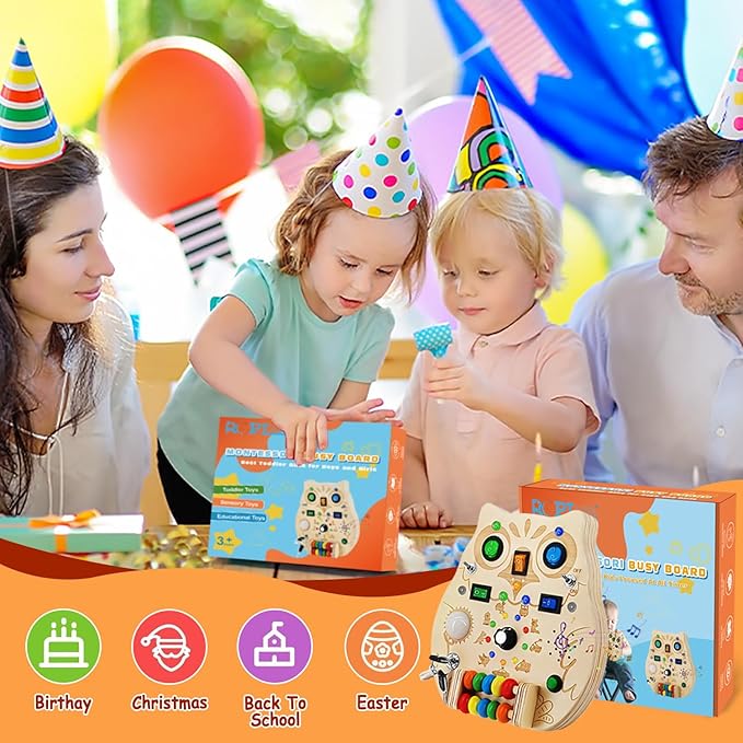 Busy Board Montessori Wooden Sensory Toy with LED Light Switches, Music, Toddler Light Switch Activity Travel Toys for 1 2 3 Year Old Boys Girls Toddler Toys Gifts