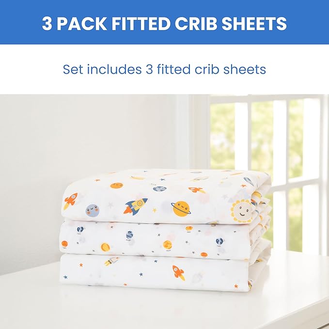 Delta Children Fitted Crib Sheets for Girls and Boys - Crib Sheet for Standard Crib and Toddler Mattresses - 28x52 Inch (Pack of 3), Space Exploration