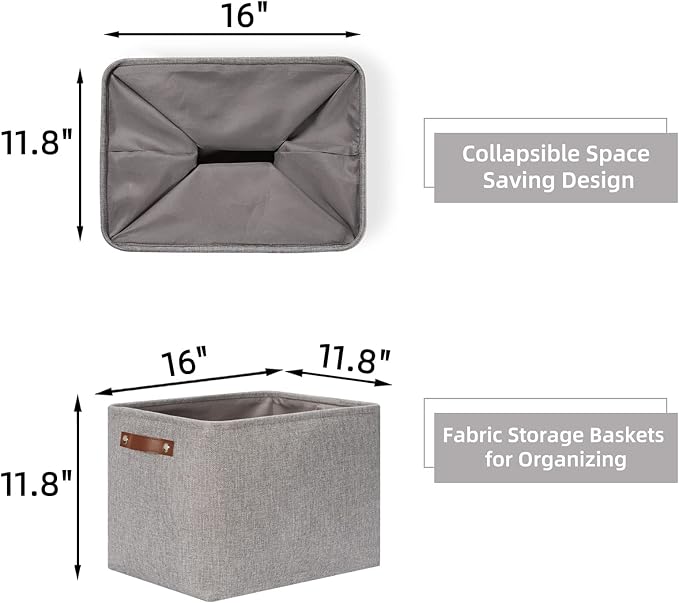 HNZIGE Large Rectangle Storage Baskets for Shelves 16"×11.8"×11.8" Fabric Storage Bins with Handles (2 Pack) Decorative Storage Baskets for Organizing Clothes, Toy, Quilts, Sundries Closet(Gray)