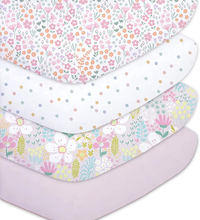 Little Grape Land Toddler Sheets 4 Pack – Baby Crib Sheets Fitted for Boys Girls, Standard Size 28x52‘’ Crib Mattress, Super Soft Breathable Washable Microfiber (Floral/Blossom/Dots/Blush Pink)