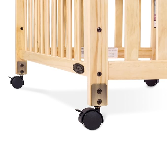 Child Craft Bristol Professional Series Wooden Compact Portable Crib with 3" Mattress and Ultra-Quiet Casters, Durable Wood Construction, Easy Maneuverability (Natural)