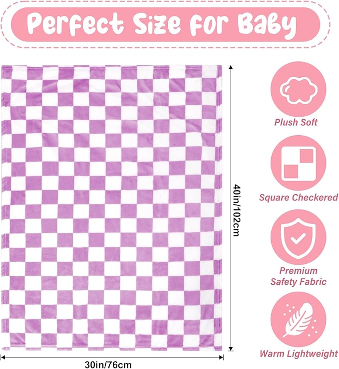 Plush Checkered Baby Blanket for Boys Girls Nursery, 30"*40" Warm Short Fleece Blanket Neutral for Infant Newborn, Small Fuzzy for Sleeping, Chenille or Stroller (Purple&White)