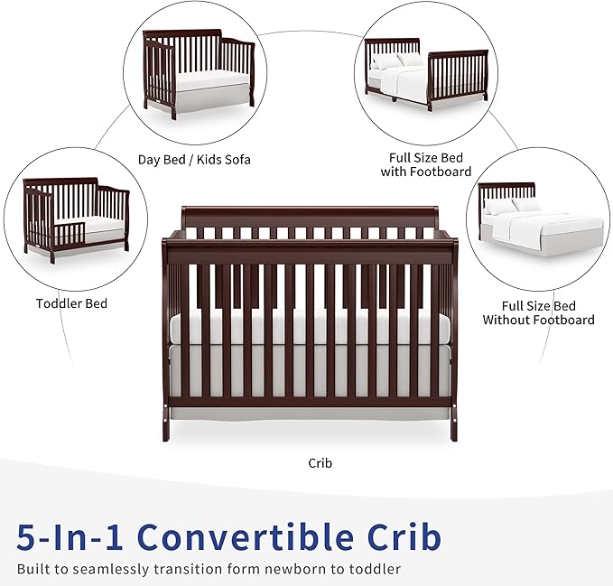 Baby Crib 5-in-1 Convertible, Wooden Cribs Converts to Toddler Bed, Daybed and Full-Size Bed, Nursery Furniture with Non-Toxic Finishes (Espresso)