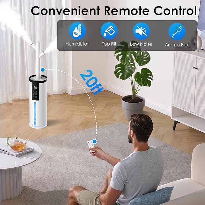 Humidifiers for Bedroom - GloryAir 2.11Gal (8L) Quiet Top Fill Cool & Warm Mist Humidifier Large Room 650 ftΒ² with Humidistat, diffuser, Auto Mode, 7-Color Light for Plants, Baby,Adults, Office & Home