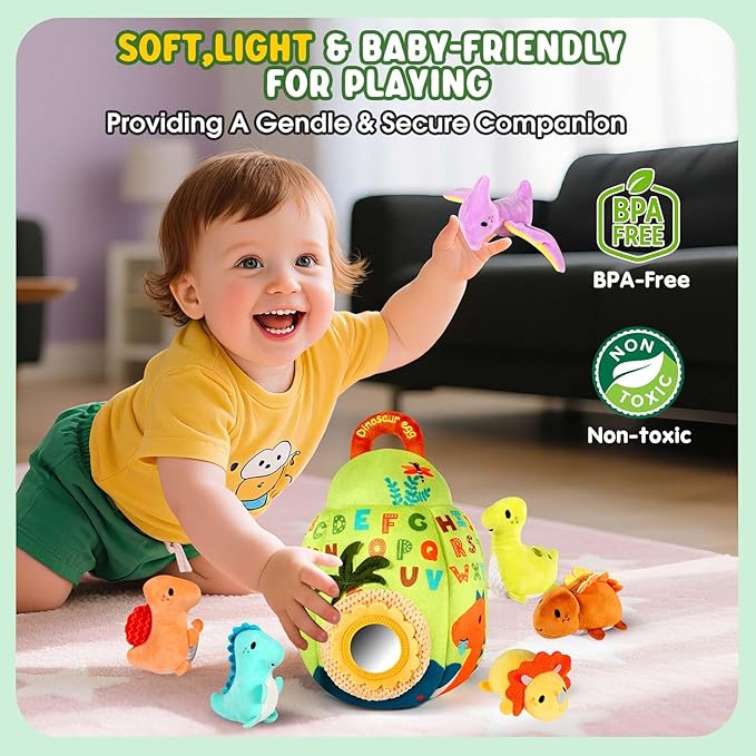 Baby Toys 6-12 Months - Soft Dinosaur Toy with Rattle, Crinkle Paper, Squeaker, Mirror - Baby Sensory Toys for 6 Month Old Developmental, Baby Montessori Toys for 1 Year Old Boy Girl Gifts