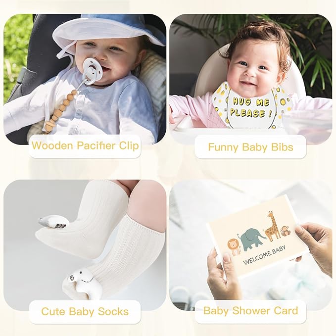 Baby Shower Gifts for Boys Girls, Baby Gifts Basket Newborn Blanket Rattle Toys Keepsake Pacifier Clip Infant Bibs Socks New Parent Decision Coin Greeting Card, Baby Gift Set Gender Reveal Essential