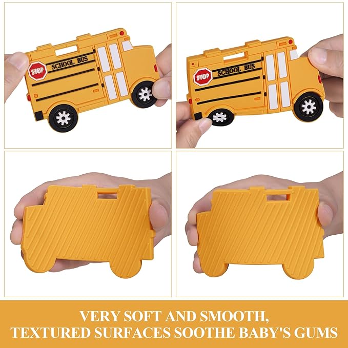 Baby Silicone Teether,Sensory Chew Toys,BPA Free Soft and Effective Infant Teething Pain Relief Toys,Freezer Safe,Food Grade Silicone,Best Shower Gift for Boys and Girls (School Bus)