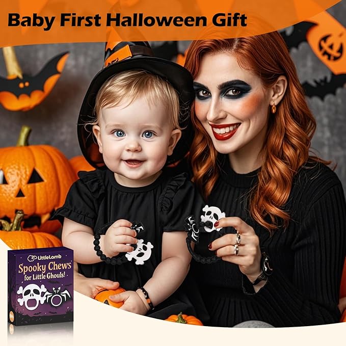 Halloween Baby Teething Ring Toys – Skull & Bat Silicone Teethers for Newborns, Infants & Toddlers – Sensory Chew Bracelet for Teething Relief – Perfect Baby’s First Halloween Basket Stuffers