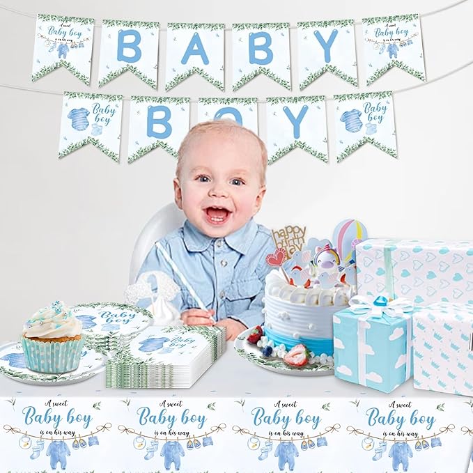Baby Boy Shower Decorations Tableware Set, Disposable Plates Napkins, Tablecloth and Banner, for Baby Boy Baby Shower Decorations (Blue Tableware Set)