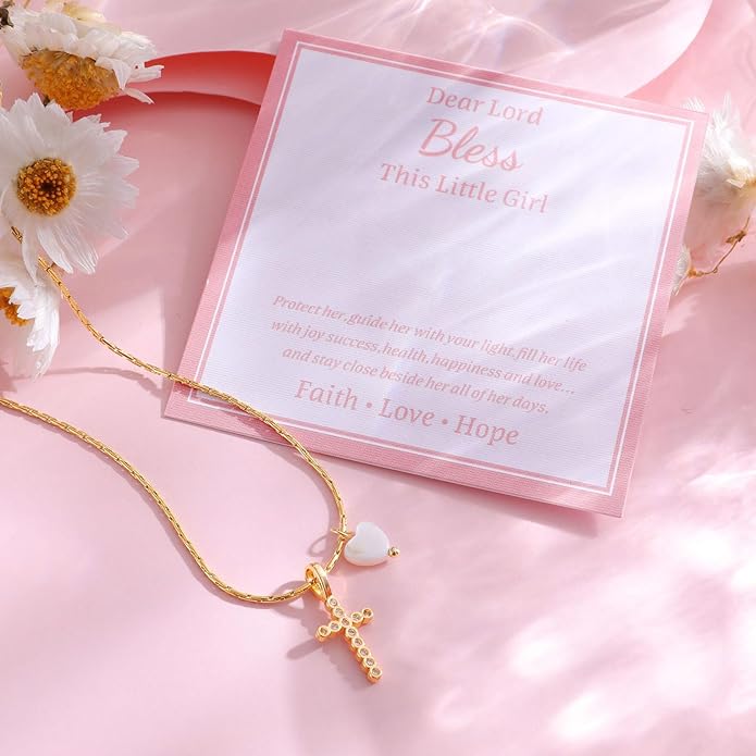 Delicate Cross Necklace for Girls : Gold Plated Pearl Heart Cubic Zirconia Cross Chain Necklace Christening Jewelry Baptism First Communion Confirmation Easter Gifts Teen Kids Little Girl