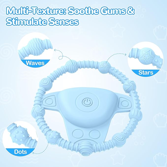 Vibrating Teething Toy with 3D Multi-Texture, Food-Grade Silicone Sensory Chew Toy for Autism Kids and Baby 3-18 Months, Baby Teething Ring for Teething Relief, Deep Blue