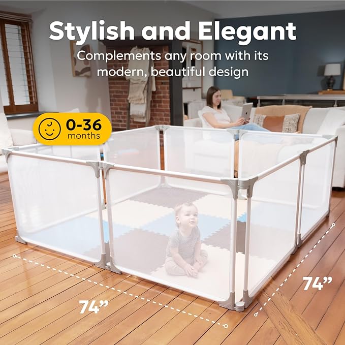 MioTetto Baby Playpen 74x74 – Safe & Sturdy Play Pen, Easy to Assemble and Store Playpen for Babies and Toddlers with Breathable Panels – Indoor & Outdoor Fence Play Area – Perfect with Play Mat