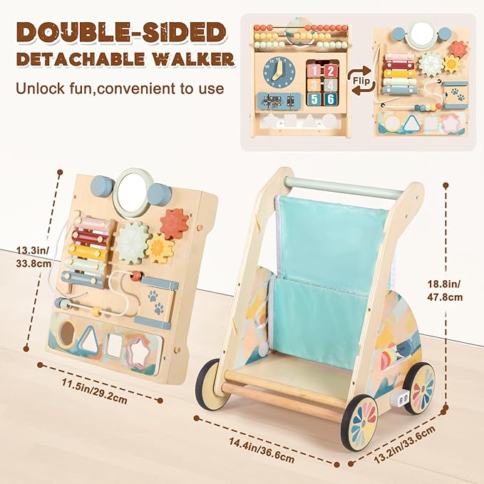 LOL-FUN Wooden Baby Walker with Double-Sided Busy Board, Push Walker for Baby with Adjustable Speed Wheels, Activity Learning Walker for Boys 6-12 Months