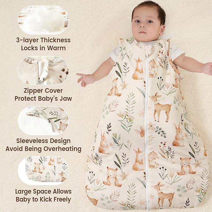 PHF 100% Cotton Baby Sleep Sack 6-12 Months, 2.5 TOG Winter Baby Wearable Blanket with 2-Way Zipper, Warm Comfy Quilted Sleeping Bags, Infant Sleeping Sack for Newborn Boys, Medium Size, Woodland