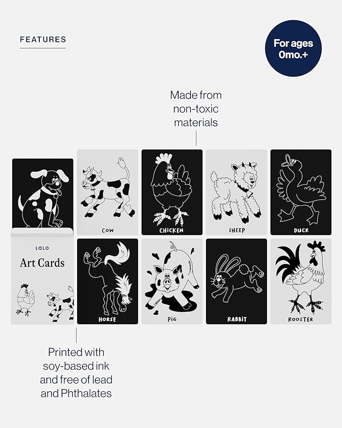 Lalo Art Cards - Soy-Based Ink, High Contrast Farm Animal Cards for Baby, Set of 9