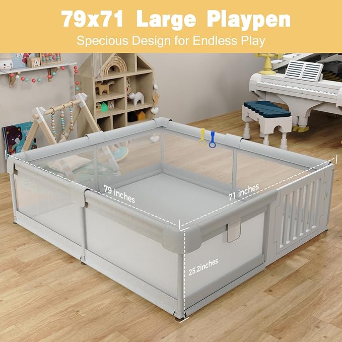 79" ×71" Large Baby Playpen with Gate, Easy Access Baby Play Pen for Infants and Toddlers, Play Yard for 0-3 Years Old, Fence Playard for Living Room, Anti-Fall, Breathable Meshs