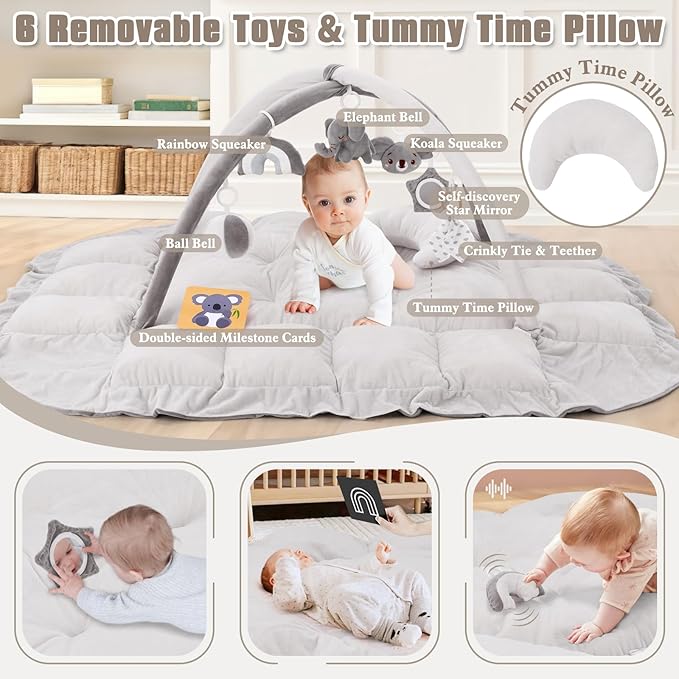 5-in-1 Plush Baby Play Gym, Baby Play Mats, Convertible Baby Gym with Pillow, Tummy time mat, Baby&Ped Bed, 6 Sensory Toys, Baby Activity Center from Newborn to Toddler, Ball Pit, Rectangular Grey