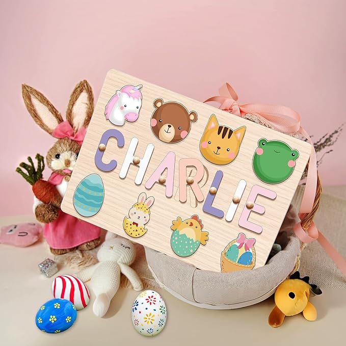 Personalized Name Puzzle for Kids, Custom Wooden Name Puzzle for Toddlers 1-3, Personalized Baby 1st Birthday Gifts, Alphabet Puzzle Engraved Text On Back with Pegs, Easter Basket Stuffers