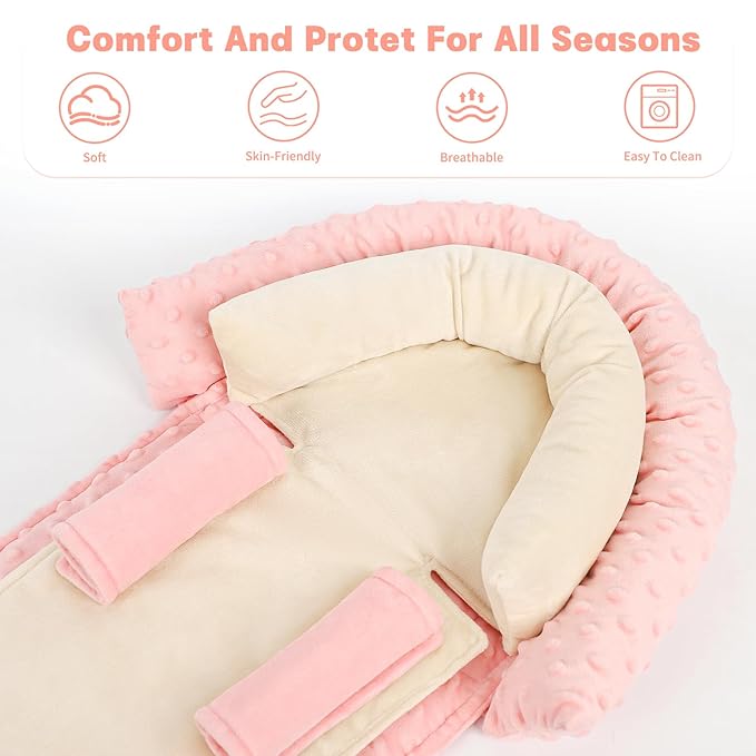 Infant Car Seat Insert, HNHUAMING Baby Car Seat Head & Body Support with 2 Strap Pads, Ultra Soft Newborn Preemie Carseat Insert Cushion for Girls Boys, Fits Car Seat, Stroller, Swing, Bouncer, Beige