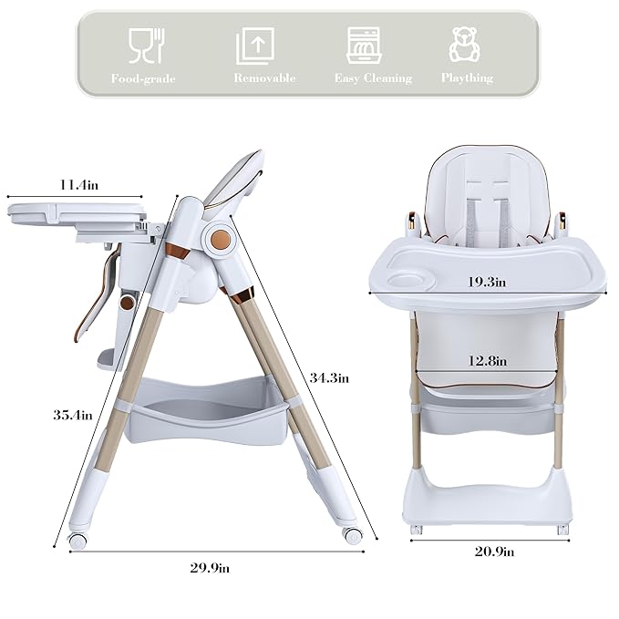 3-in-1 Foldable High Chair for Babies & Toddlers, Adjustable Height, Reclining Seat, Wheels with Safety Locks, Removable Tray, Space-Saving Multifunctional Baby Dining Chair (White)