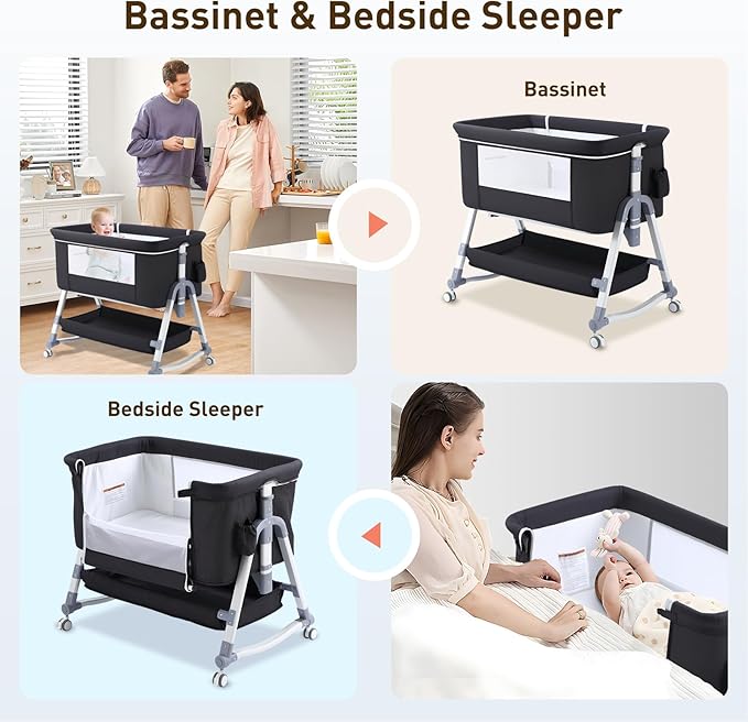 4 in 1 Bedside Bassinet for Baby, Portable Bassinets with Wheels, Baby Crib with Changing Station, Mattress Included and Storage, Foldable Travel Bassinet for Infant/Newborn- Black- Half Mesh