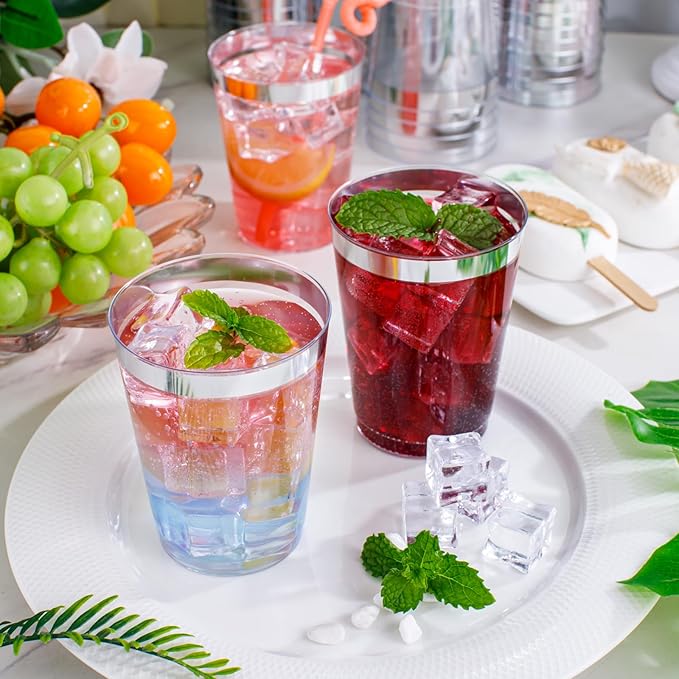 supernal 200pcs 10oz Silver Plastic Cups,Disposable Wine Glasses Cocktail Glasses Premium Cups,Party Cocktails Tumblers,Silver Rimmed Plastic Cup for Party,Wedding, Birthday,Thanksgiving Day