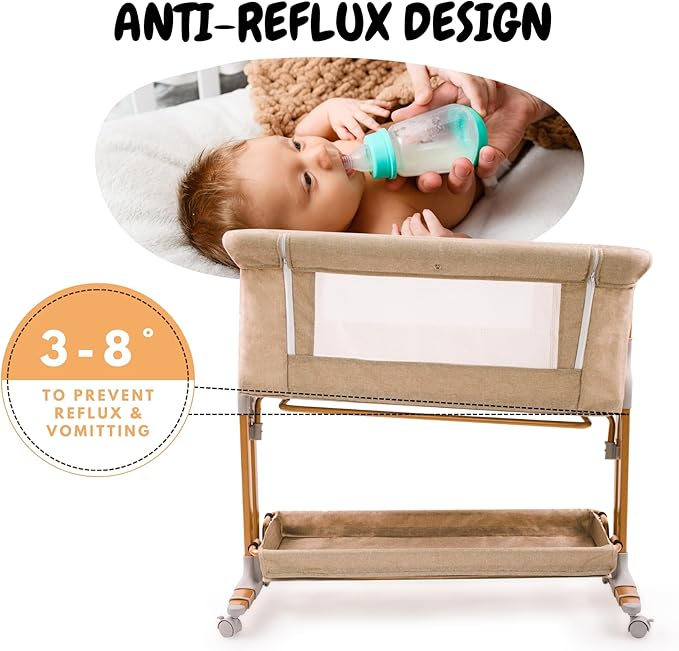 Baby Bassinet Bedside Sleeper 2 in 1 with Wheels, Arms Reach Co Sleeper with Mattress, Incline Option, 6 Adjustable Heights for Newborn to 6 Months Infant