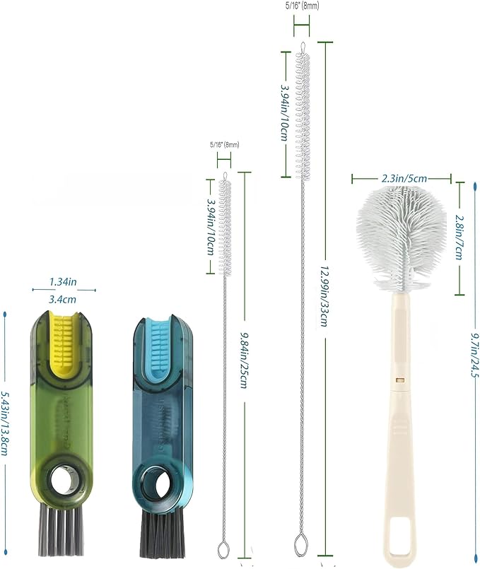 5-Pack Water Bottle Brush Set,9.5'Long Handle Silicone Water Bottle Cleaning Brush, 2 Straw Brushes, 2(3-in-1)cup lid Cleaner Brushes for Water Bottles,Baby Bottles,Straw Brushes White(blue-black(5th)
